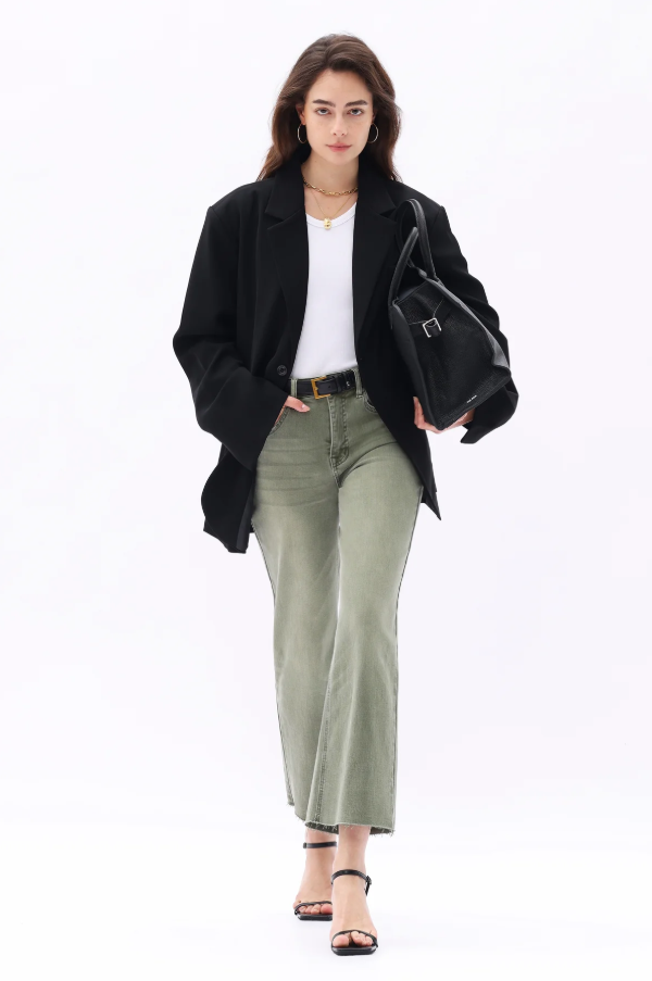 High Rise Wide Leg Denim Jeans, Green