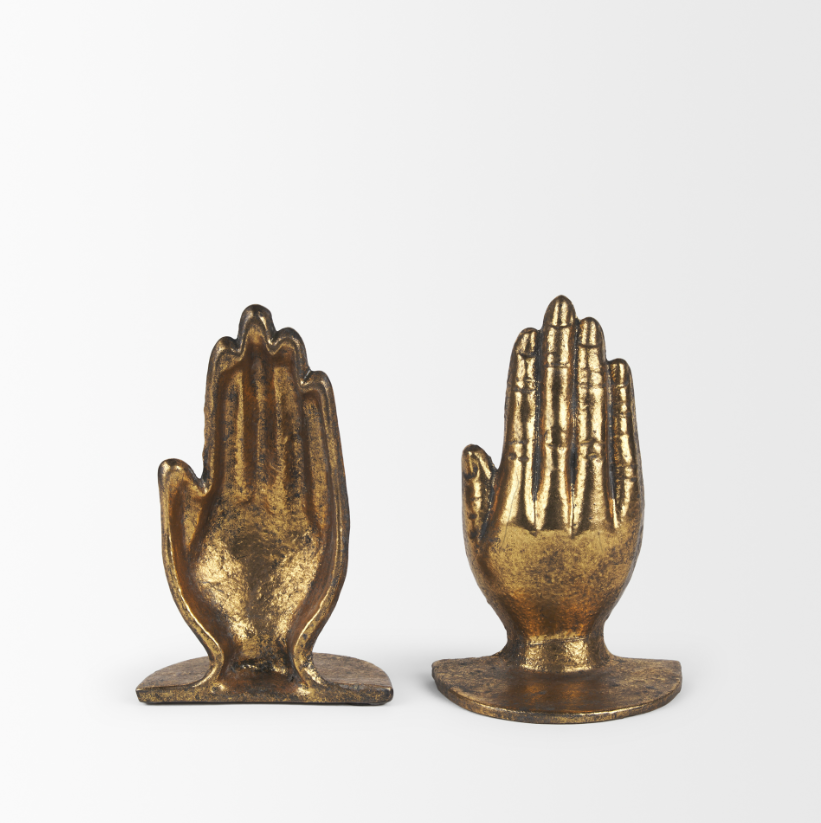 Praying Hands Cast Iron Bookends, Gold