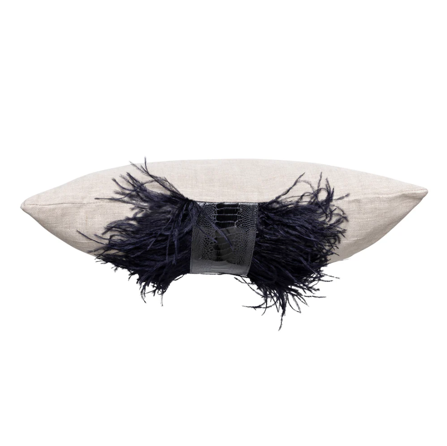 Ngala Trading Ostrich Trim Linen Lumbar Pillow - Thumbnail 4