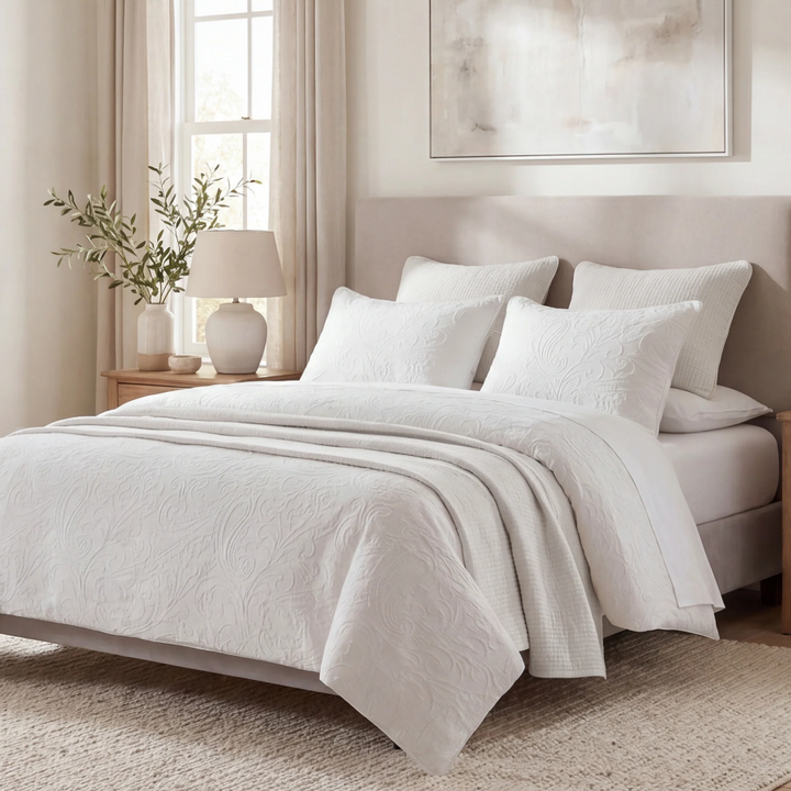 Camellia Paisley Matelassé 3PC Comforter Set, Vintage White - 13 Hub Lane   |  