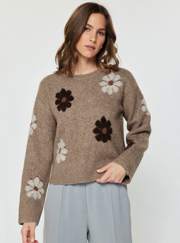 Floral Motif Crew Neck Sweater, Mocha Multi
