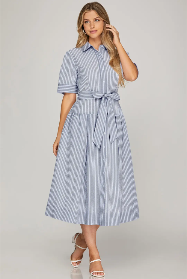 Belted Button-Up Midi, Light Blue Stripe - 13 Hub Lane   |  