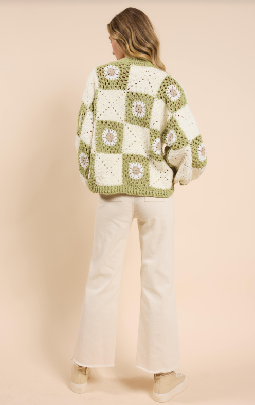 Myriam Daisy Crochet Cardigan, Ivory Green