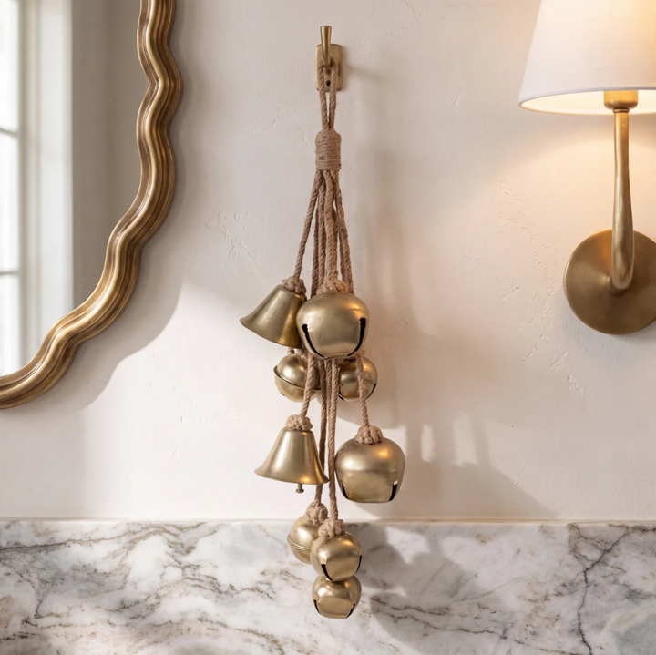 Metal Bell Cluster w/ Jute Rope, Brass
