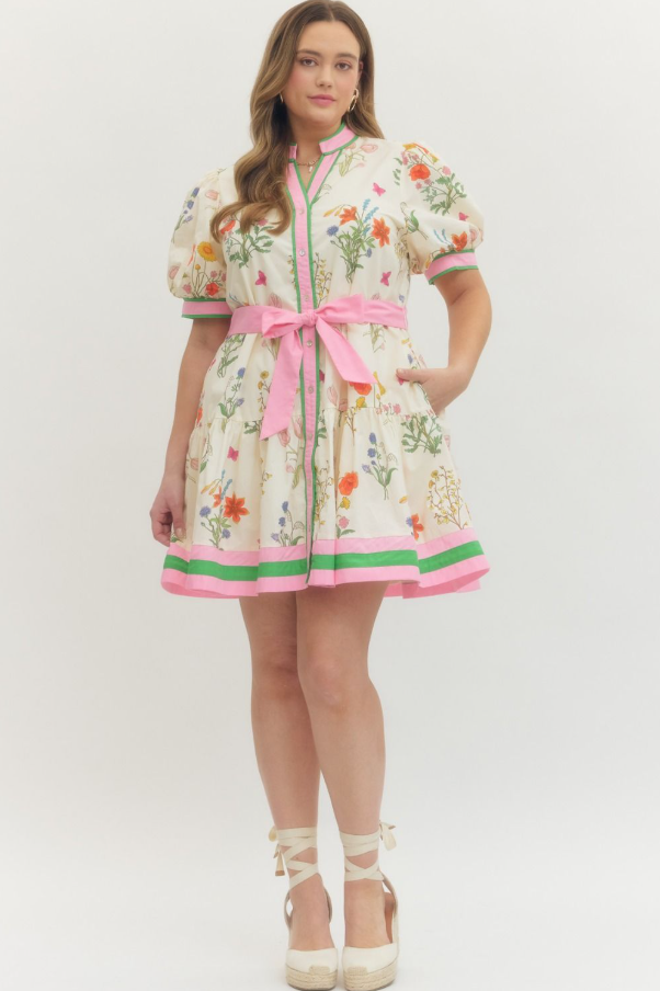 Floral Self-Tie Mini Dress, Cream - 13 Hub Lane   |  