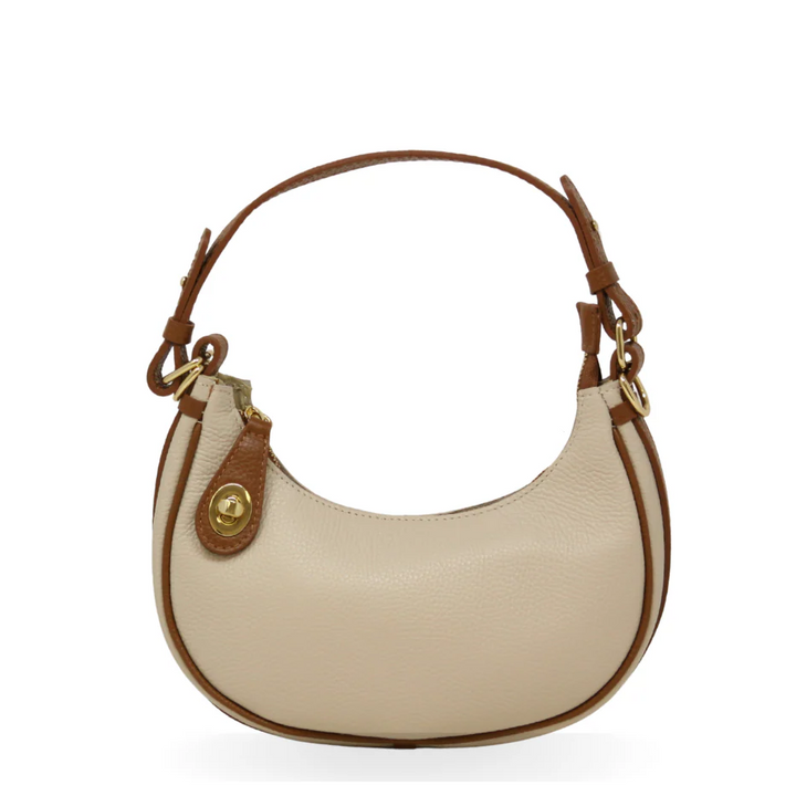 Italian Leather Half Moon Bag, Beige & Camel - 13 Hub Lane   |  Half-Moon Bags