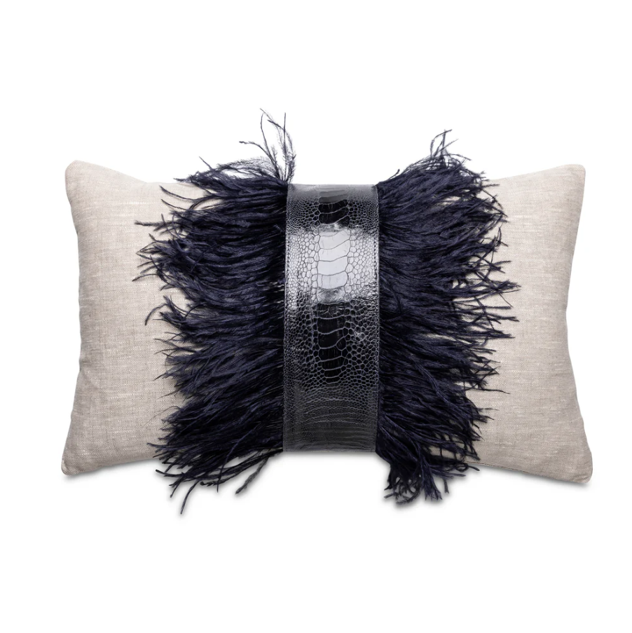 Ngala Trading Ostrich Trim Linen Lumbar Pillow - Thumbnail 3