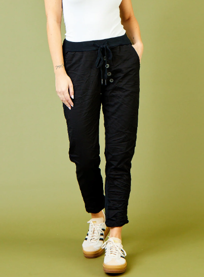 Becca Diagonal Button Joggers, Black