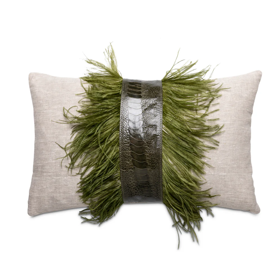 Ostrich Trim Linen Lumbar Pillow, Olive Natural - 13 Hub Lane   |  Ostrich Lumbars