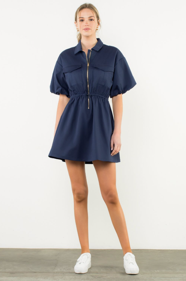 Puff Sleeve Half-Zip Dress - 13 Hub Lane   |  Mini Dresses