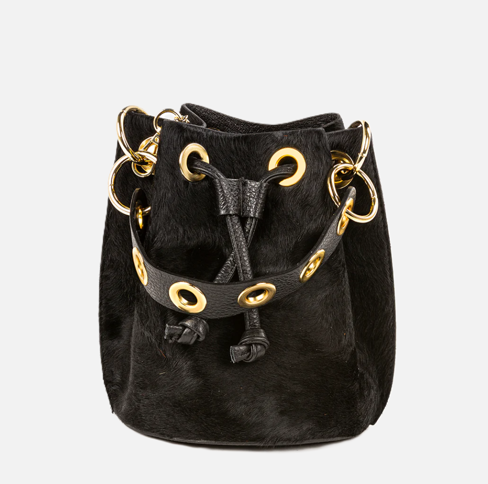 Italian Leather & Cowhide Bucket Bag, Black - 13 Hub Lane   |  Bucket Bags