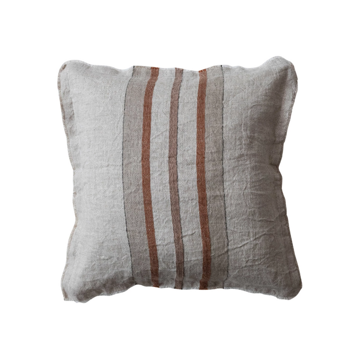 Woven Linen Pillow w/ Stripes, Cotton Slub Back & Fringe