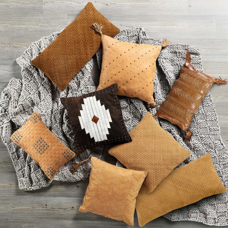 Genuine Leather Studded Basket Weave Pillow