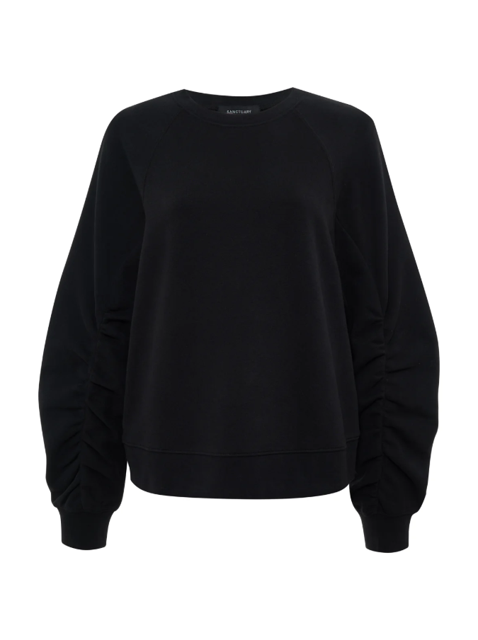 Shirred Sleeve Sweatshirt, Black