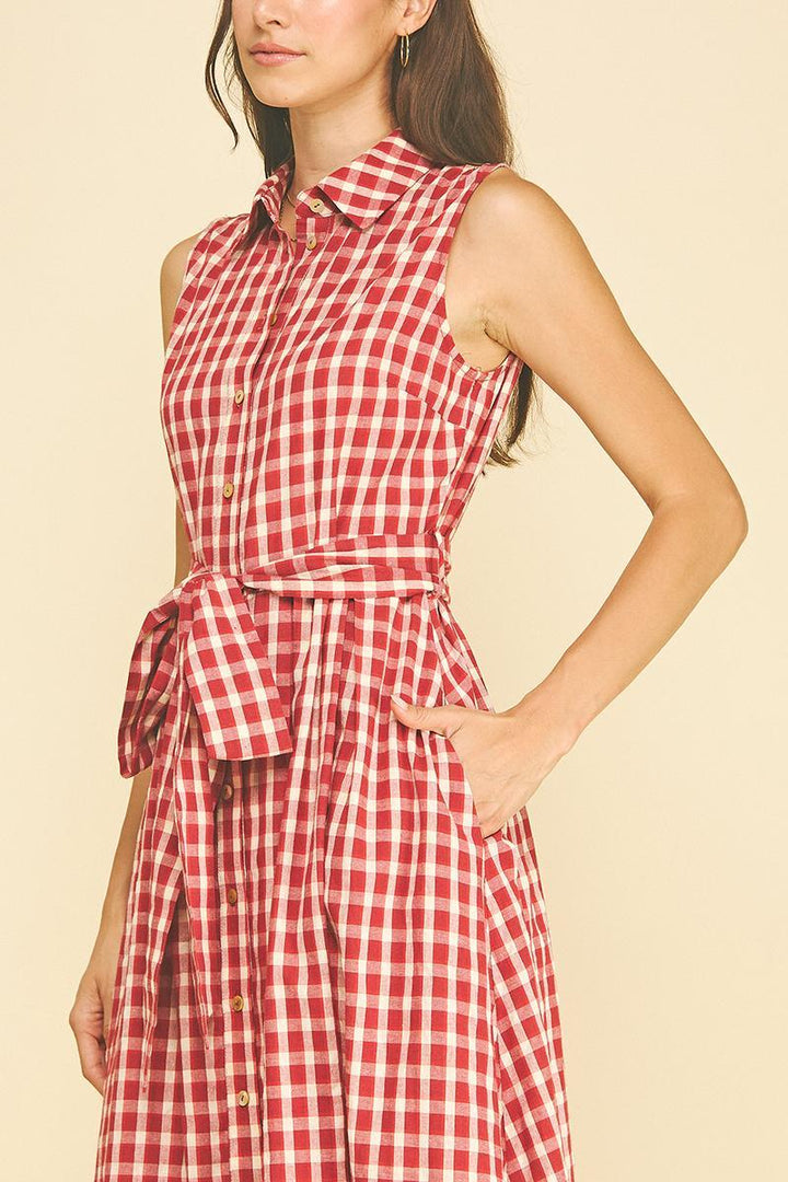 Gingham Check Button Down Midi Dress, Red