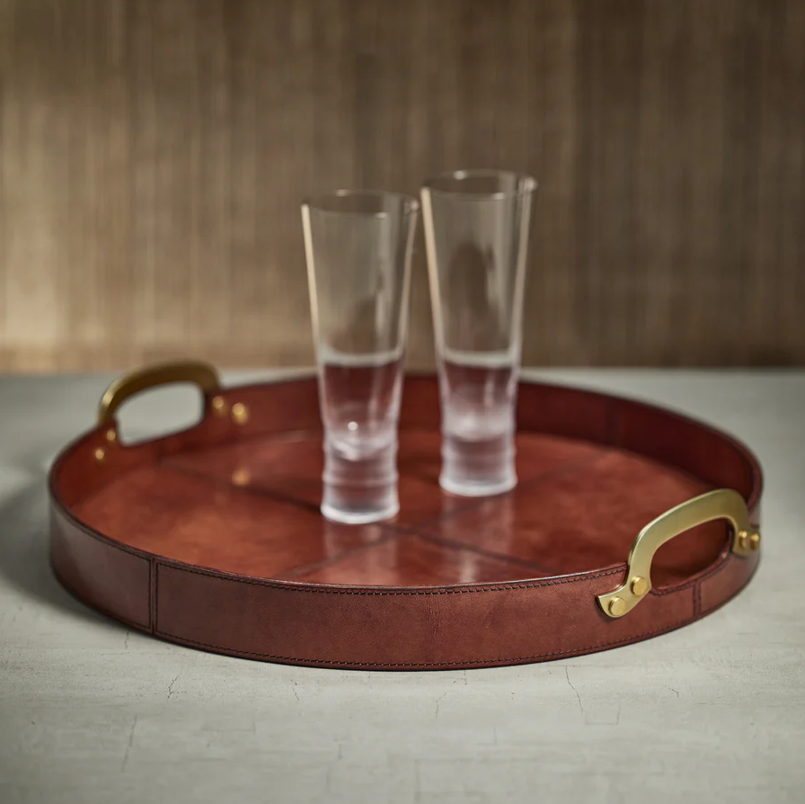 Aspen Leather & Brass Round Tray - 13 Hub Lane   |  Leather Trays