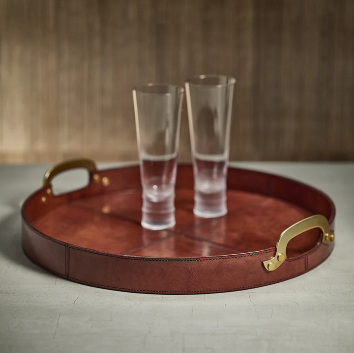 Aspen Leather & Brass Round Tray - 13 Hub Lane   |  Leather Trays