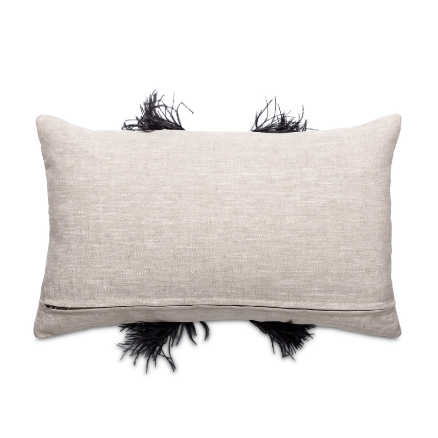 Ostrich Trim Linen Lumbar Pillow, Black Natural - 13 Hub Lane   |  Ostrich Lumbars