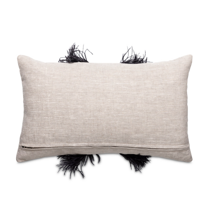 Ostrich Trim Linen Lumbar Pillow, Black Natural - 13 Hub Lane   |  Ostrich Lumbars