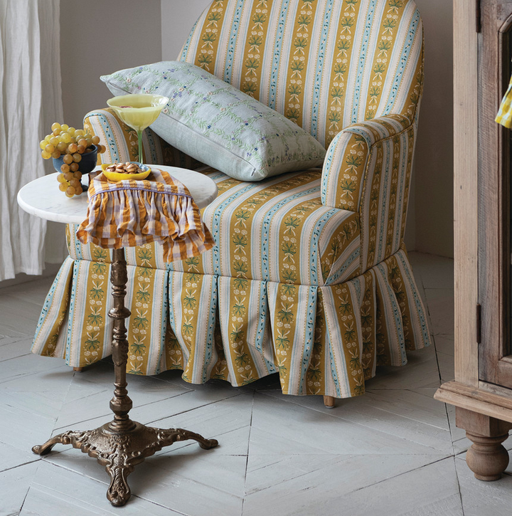 Marble Side Table w/ Embossed Metal Base, White & Gold
