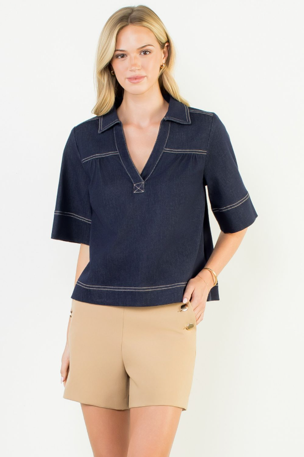 Denim V-Neck Top - 13 Hub Lane   |  Split Neck Tops