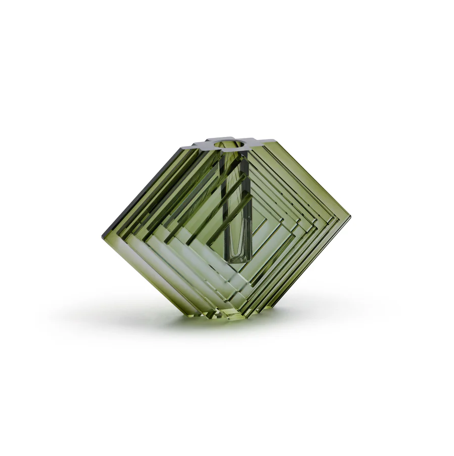 Stacked Concentric Diamond Motif Crystal Glass Vase, Green - 13 Hub Lane   |  Glass Vases