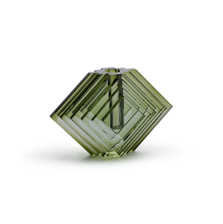 Stacked Concentric Diamond Motif Crystal Glass Vase, Green - 13 Hub Lane   |  Glass Vases