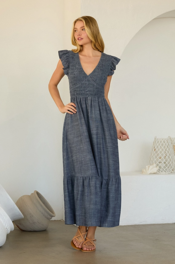 Smocked Flutter Sleeve Chambray Dress, Denim Blue