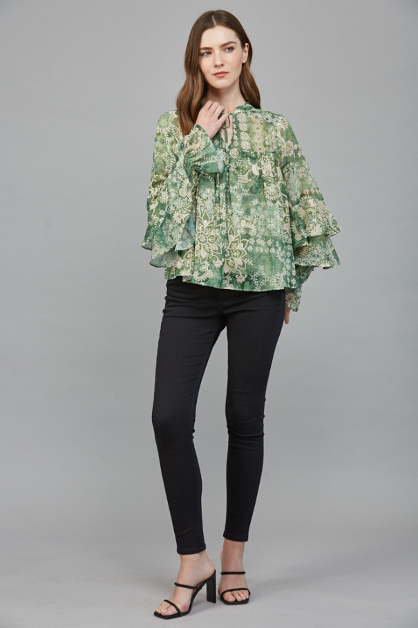 Chiffon & Lurex Ruffle Blouse, Green Multi