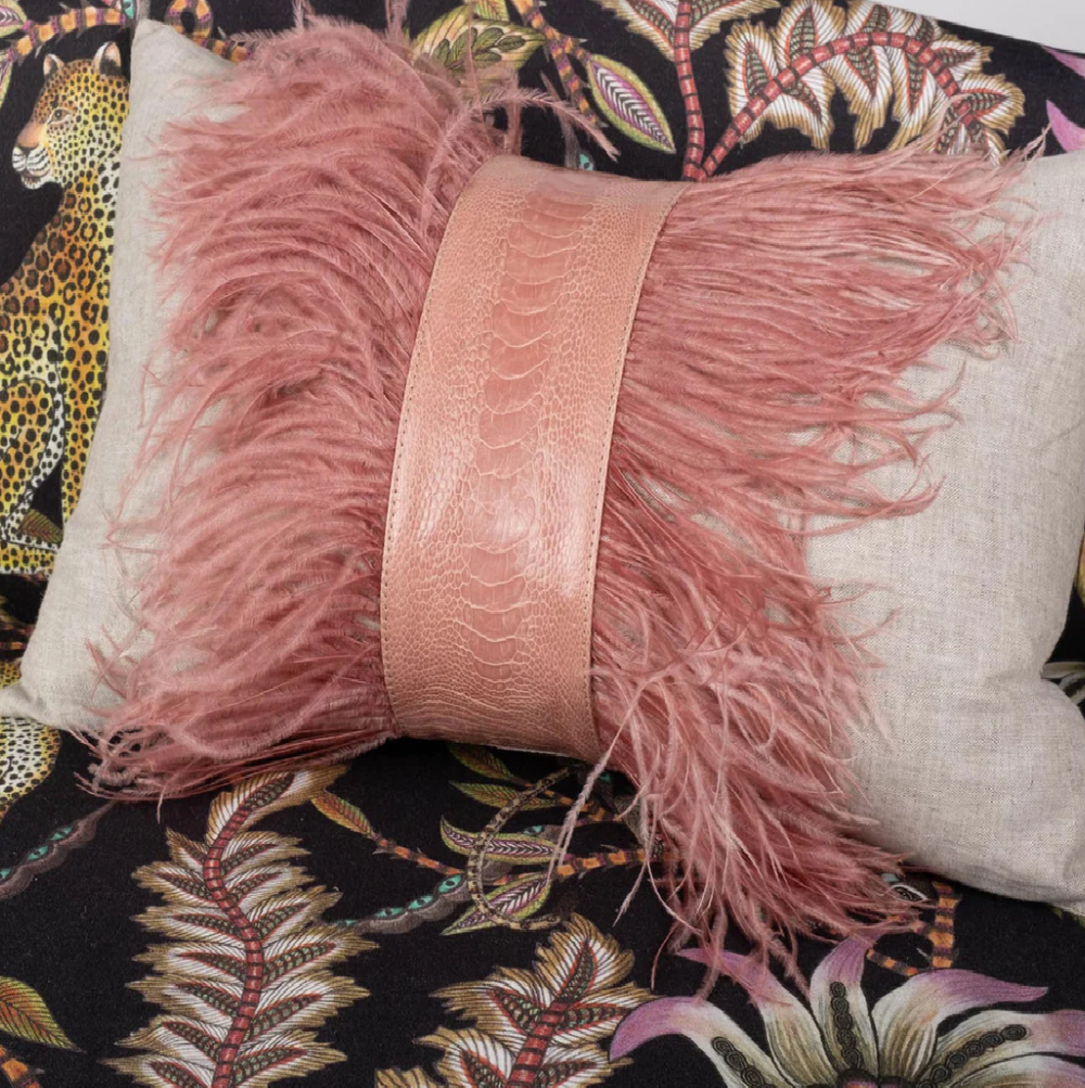Ostrich Trim Linen Lumbar Pillow, Blush Natural - 13 Hub Lane   |  Ostrich Lumbars