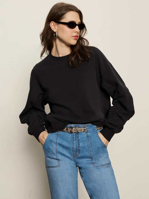 Shirred Sleeve Sweatshirt, Black