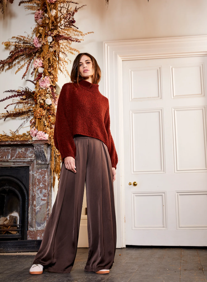 Gia Satin Pleat Front Wide Pants, Chocolate Brown - 13 Hub Lane   |  Dress Pants