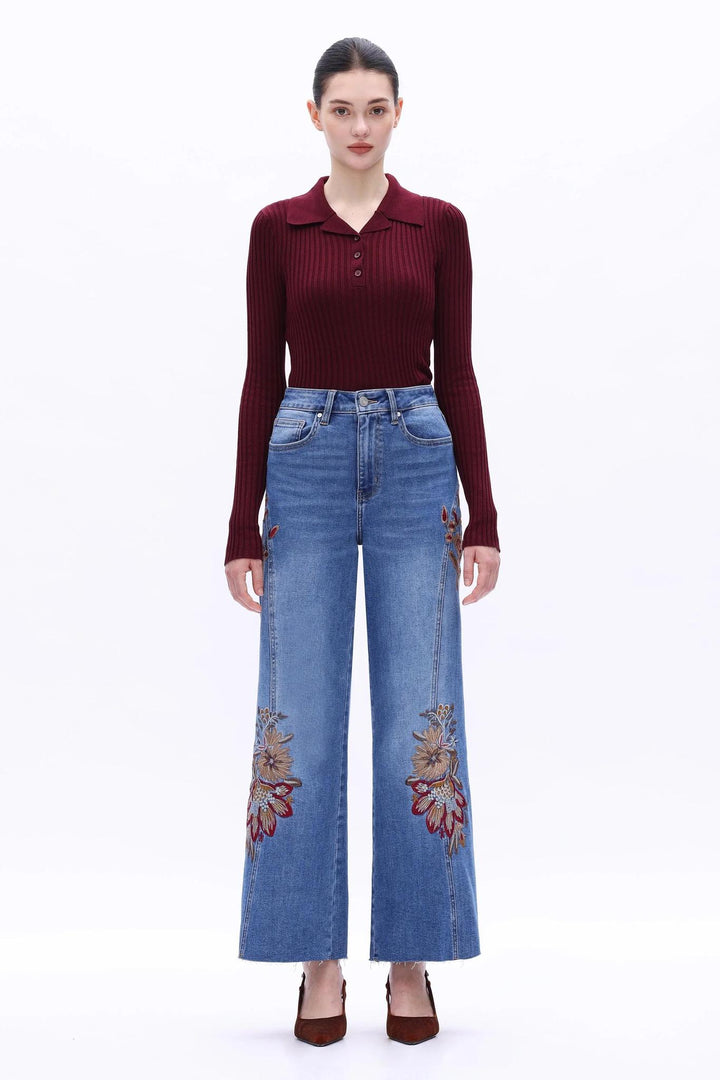 New York 30" Floral High Rise Wide Leg, Medium Blue