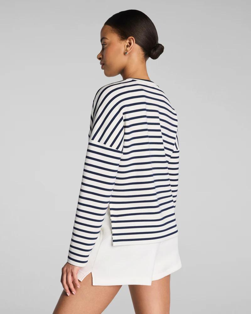 SPANX AirEssentials Crewneck Long Sleeve Top, Powder/ Timeless Navy Stripe