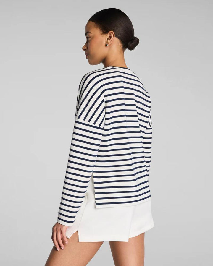 SPANX AirEssentials Crewneck Long Sleeve Top, Powder/ Timeless Navy Stripe
