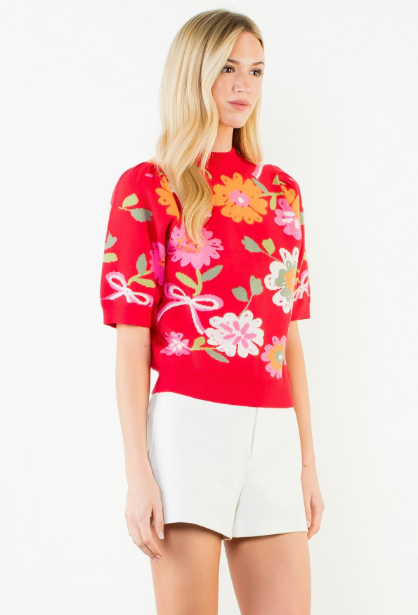 Floral Detail Knit Short Sleeve Top - 13 Hub Lane   |  Crewneck Sweaters