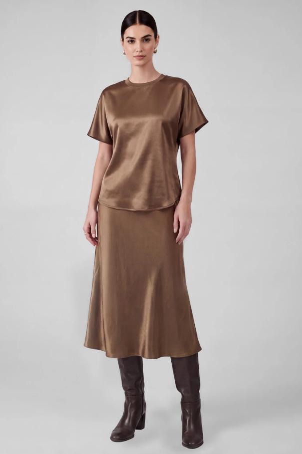 Satin Short Sleeve Top, Light Taupe