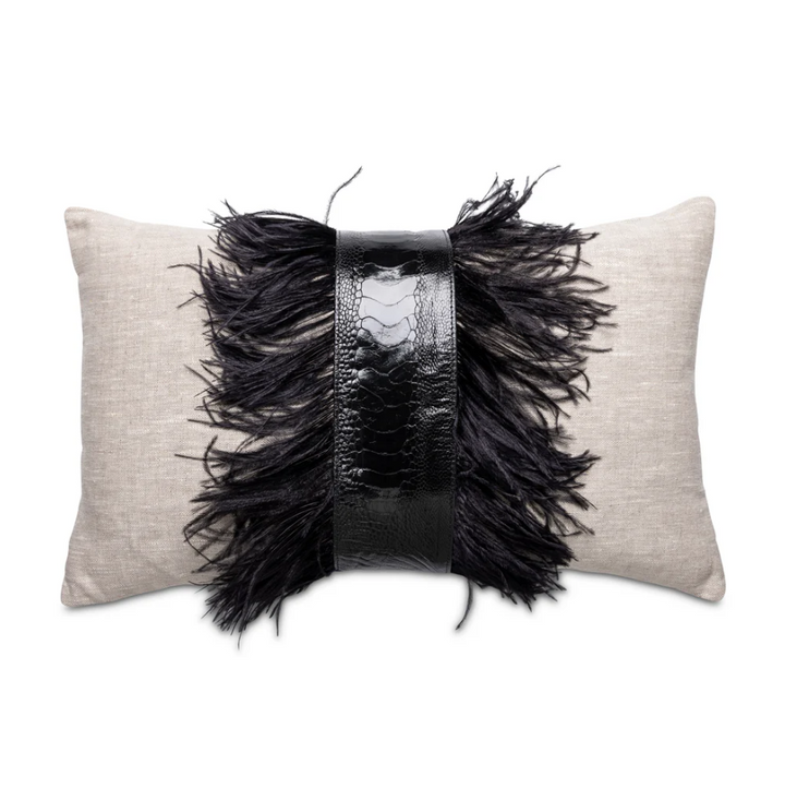 Ostrich Trim Linen Lumbar Pillow, Black Natural - 13 Hub Lane   |  Ostrich Lumbars