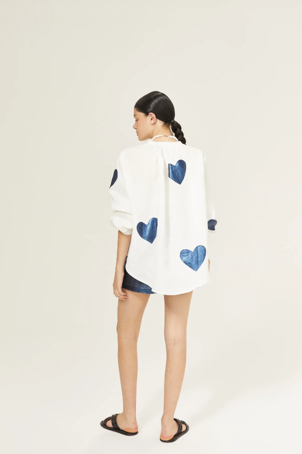 Cupid Linen Shirt, Off-White & Dark Blue - 13 Hub Lane   |  Puff Sleeve Tops