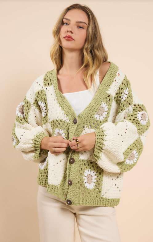 Myriam Daisy Crochet Cardigan, Ivory Green