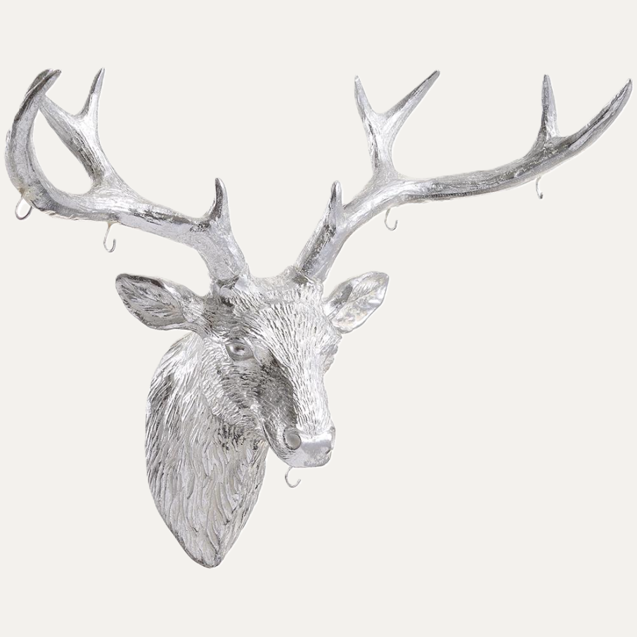 Reindeer Head Wall Holder w/ Hook, Antique Silver - 13 Hub Lane   |  