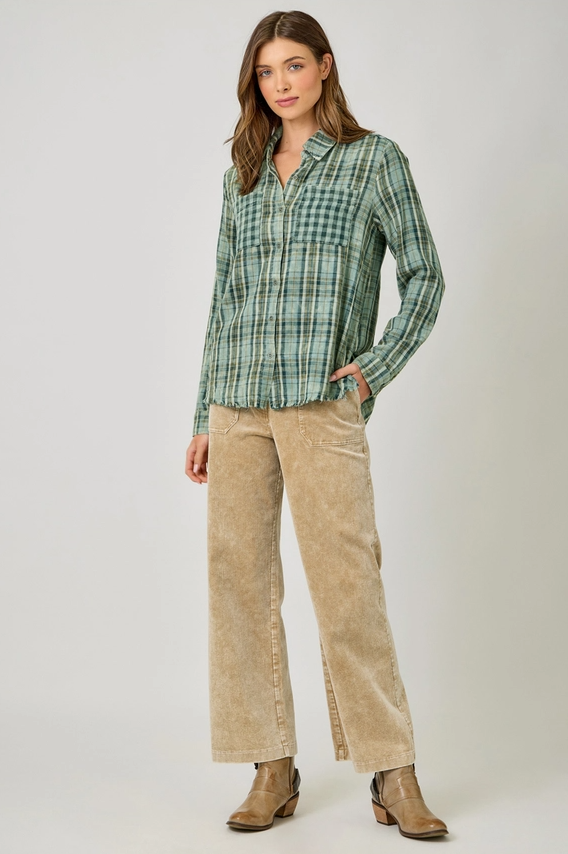 Fringed Bottom Washed Plaid Button-Up, Green