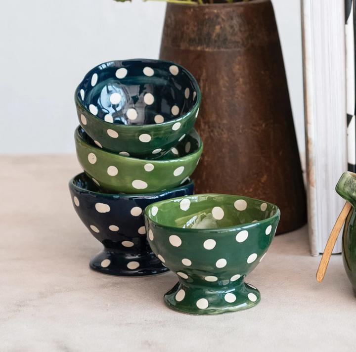 Hand-Painted Stoneware Footed Bowl w/ Wax Relief Dots