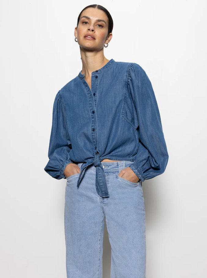 Tie Front Volume Blouse, Slate Blue