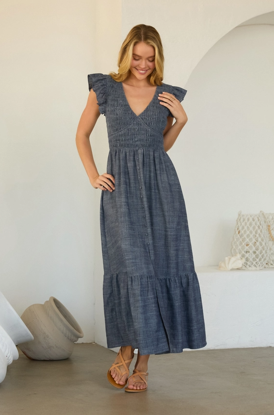 Smocked Flutter Sleeve Chambray Dress, Denim Blue