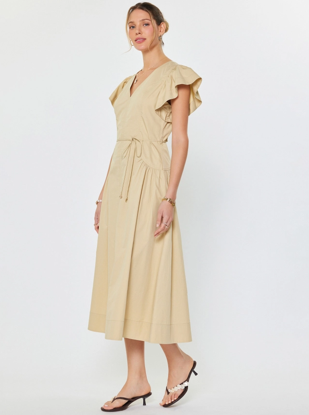 Ruffled Sleeve V-Neck Midi Dress, Sand - 13 Hub Lane   |  Midi Dresses