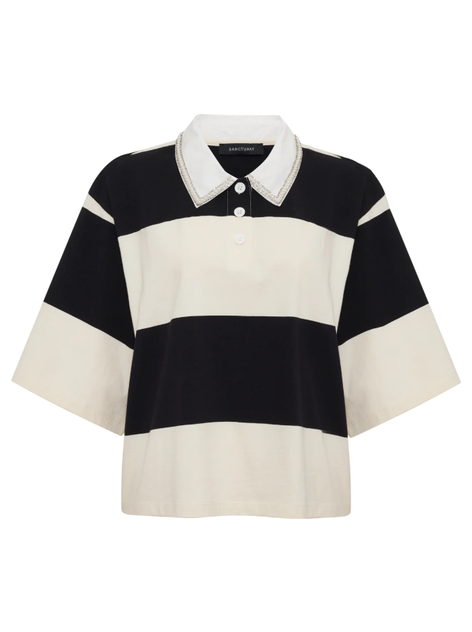 Embellished Striped Polo Tee, Collagen & Black - 13 Hub Lane   |  