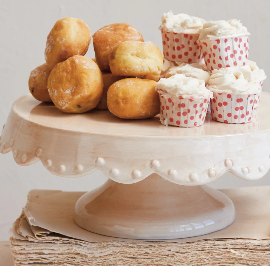 Hand-Painted Stoneware Pedestal w/ Scalloped Edge & Embossed Dots