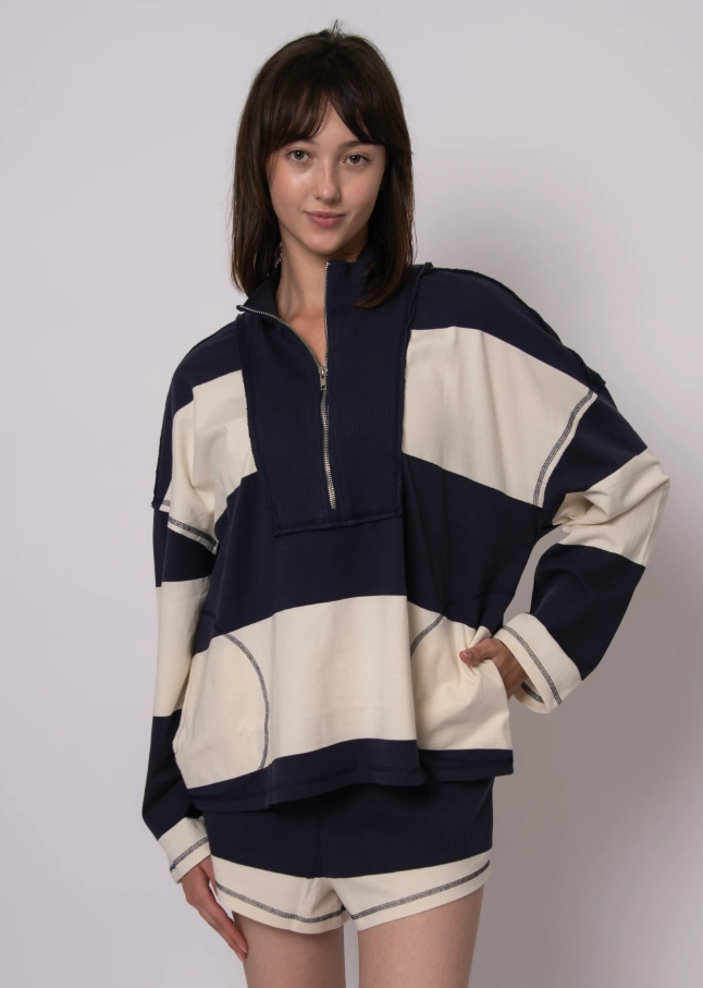 Camille Striped Jersey 1/2 Zip, Navy