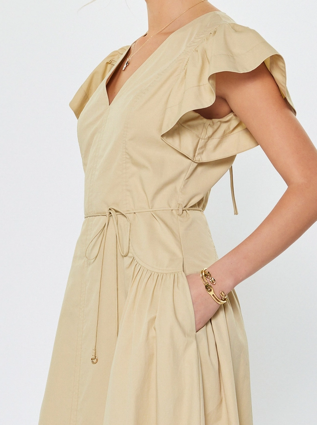 Ruffled Sleeve V-Neck Midi Dress, Sand - 13 Hub Lane   |  Midi Dresses
